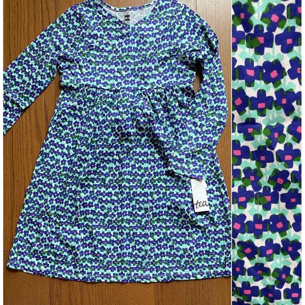 Tea Collection Size 8 Long Sleeve Wrap Neck Dress Flower Print‎ White Blue Green